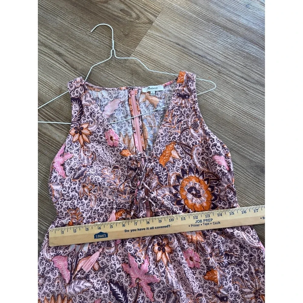 Madewell Floral Batik Lace Up Tassel Midi Dress Pink Orange Size 4 - Picture 10 of 11